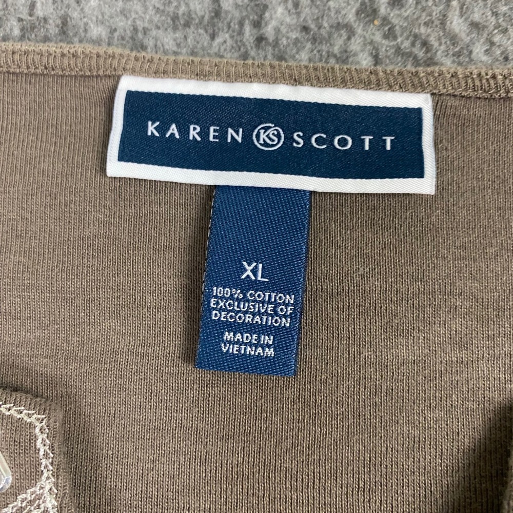 Karen Scott Womens XL Taupe Brown Cotton Rhinestone Split Neck Short Sleeve Top - Picture 4 of 8